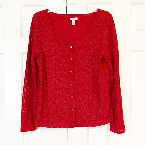 J. Jill Sweaters - J. Jill Deep Red Lace Long Sleeve Button Front Cardigan. Size Women;'s Medium
